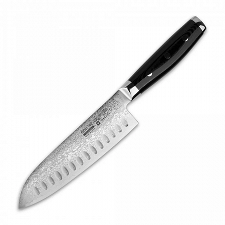 Нож кухонный Сантоку 16,5 см, с углублениями на лезвии, «Santoku», дамасская сталь, серия Gou, YA37001G, YAXELL, Япония